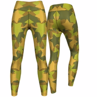 Front and back view of Women’s Autumn Forest Camo Sport Leggings showcasing high-stretch, breathable fabric with UV protection and durable design. Perfect for activewear, buy online now.