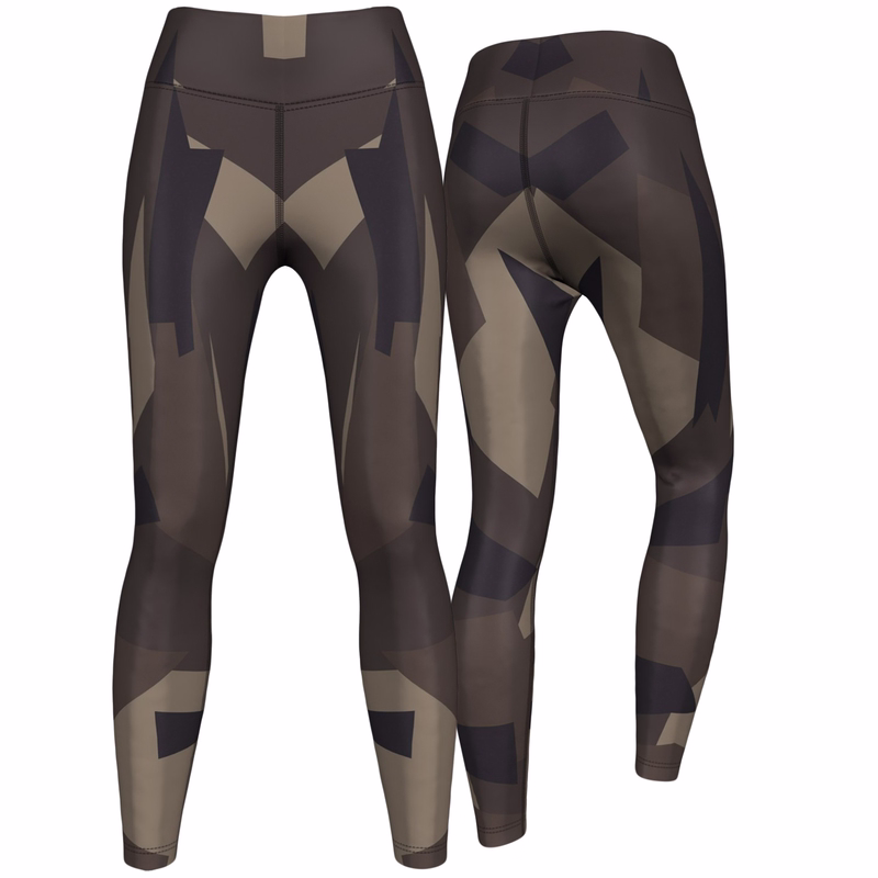 Women’s Chocolate Brown Camo Sport Leggings Front and back view of Women’s Chocolate Brown Camo Sport Leggings showcasing a high stretch, breathable fabric with camouflage pattern, designed for comfort and style during workouts and casual wear. Buy now.