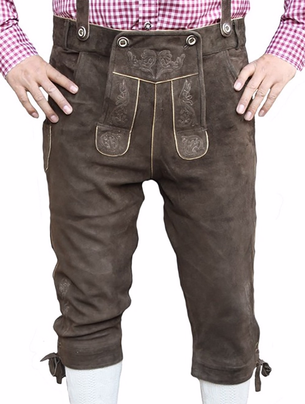 Trachten lederhose Kniebundhose Ziegenvelour mit Hosenträger Dunkelbraun