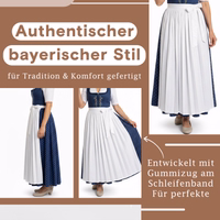 White Dirndl apron with elastic waistband and bow, full view showing long length