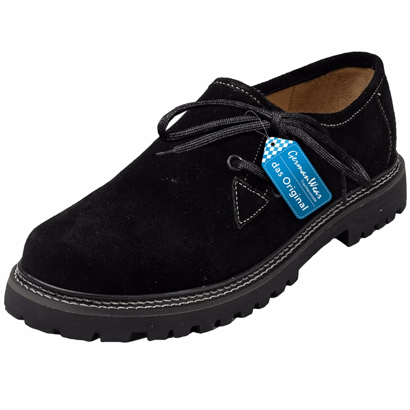 Men's Bavarian Traditioanl Shoes Front view of dark brown handmade haferl shoes with a block heel, featuring a traditional side lace-up design and welted construction, styled to complement traditional German costumes.