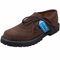Front view of dark brown handmade haferl shoes with a block heel, featuring a traditional side lace-up design and welted construction, styled to complement traditional German costumes.