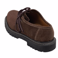 Back view of dark brown suede Bavarian Haferl Lederhosen shoes offer a comfortable fit and durable craftsmanship, complete with an extra pair of laces for your convenience.