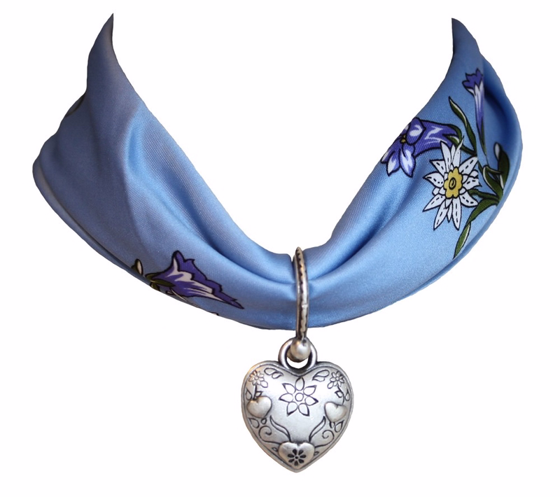 Reizender Trachtenanhänger aus Metall, herzform, rund, mit Edelweiß