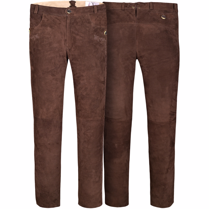 Lange Lederhose Ziegenvelour d.braun Authentic Bavarian leather pants in dark brown goat suede shown from front and back, featuring braided embroidery, traditional Bavarian style, and German Wear craftsmanship.