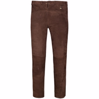 Back view of long Bavarian goat suede trousers in dark brown with buttoned rear pocket, embroidered details, and German Wear’s traditional craftsmanship.