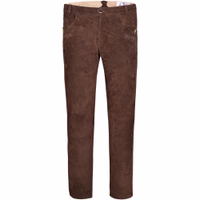 Front view of long Bavarian goat suede leather trousers with raised braided embroidery, button closure, and traditional German Wear design for Oktoberfest and formal wear.