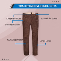 Close-up of braided embroidery on Bavarian leather pants, showcasing fine goat suede material, durable stitching, and German Wear quality in authentic traditional trousers.