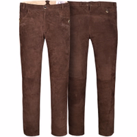 Authentic Bavarian leather pants in dark brown goat suede shown from front and back, featuring braided embroidery, traditional Bavarian style, and German Wear craftsmanship.