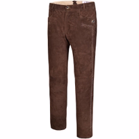 Side view of Bavarian leather pants crafted from genuine goat suede with detailed embroidery along the leg, highlighting premium craftsmanship and traditional design.