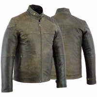 Men's motorcycle jacket in brown, showcasing both front &rear views. This jacket closes at the top of the collar with a two-step snap system & zipper, crafted meticulously from cracker leather with a polyester inner lining.