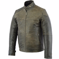 Men's motorcycle jacket in brown color, as viewed from the front & side. This jacket features sleeves that can be narrowed by a two-stage press-stud system & leather patches are beautifully stitched on the shoulders