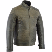 Men's motorcycle jacket in brown front & side views design. Made from the finest calf leather. The jacket features 2 set-in pockets in front which are closed by a hidden zipper, along with a stand-up collar