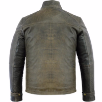 Coffee Rider motorcycle jacket in brown color showcases its rear view design. The jacket features a zipper and button closures. Additionally, leather patches with simple yet decorative stitching adorn the shoulders.