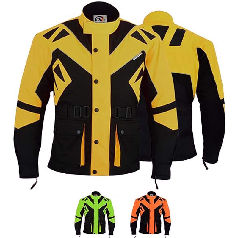 Men's Textile Motorcycle Jacket Men's motorcycle jacket in green color front &rear views,GW300J, equipped with shoulder, elbow, &back protectors it also features 2 front pockets closed with snap fasteners &is offered in 3 additional underlying colors