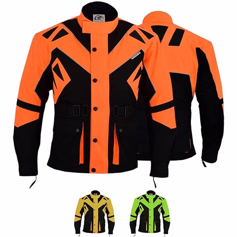Men's Textile Motorcycle Jacket Men's motorcycle jacket in green color front &rear views,GW300J, equipped with shoulder, elbow, &back protectors it also features 2 front pockets closed with snap fasteners &is offered in 3 additional underlying colors