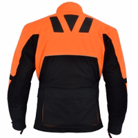 Rückansicht der orangen Motorradjacke (GW300J) mit herausnehmbarem Futter, mehreren Protektoren, Cordura-Außenmaterial und Polyesterfutter. Per Reißverschluss mit passender Hose zum kompletten Motorradanzug kombinierbar.