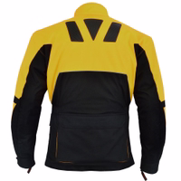 Rückansicht der gelben Motorrad-Kombijacke (GW300J) mit herausnehmbarem Futter, mehreren Protektoren, Cordura-Außenmaterial und Polyesterfutter. Per Reißverschluss mit passender Hose zum kompletten Motorradanzug verbindbar.