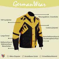 Herren-Textil-Motorradjacke in Gelb, Modell GW300J, Vorderansicht. Mit Reiß- und Knopfverschluss, ausgestattet mit Schulter-, Ellbogen- und Rückenprotektoren sowie reflektierender Paspelierung an der Vorderseite.