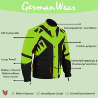 Herren-Textil-Motorradjacke in Grün, Modell GW300J, Vorderansicht. Mit Reißverschluss und Knopfverschluss, ausgestattet mit Schulter-, Ellbogen- und Rückenprotektoren sowie reflektierender Paspelierung vorne.
