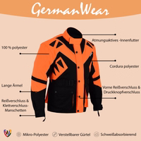 Herren-Textil-Motorradjacke in Orange, Modell GW300J, Vorderansicht. Mit Reiß- und Knopfverschluss, ausgestattet mit Schulter-, Ellbogen- und Rückenprotektoren sowie reflektierender Paspelierung an der Vorderseite.