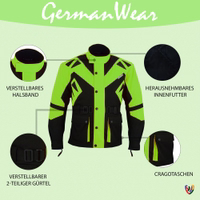 Herren-Textil-Motorradjacke in Grün, Modell GW300J, Vorderansicht. Mit Reiß- und Knopfverschluss, ausgestattet mit Schulter-, Ellbogen- und Rückenprotektoren sowie reflektierender Paspelierung an der Vorderseite.
