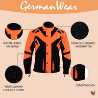 Herren-Textil-Motorradjacke in Orange, Modell GW300J, Vorderansicht. Mit Reiß- und Knopfverschluss, ausgestattet mit Schulter-, Ellbogen- und Rückenprotektoren sowie reflektierender Paspelierung vorne.