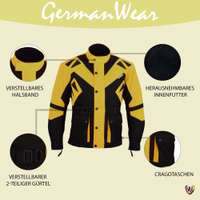 Herren-Textil-Motorradjacke in Gelb, Modell GW300J, Vorderansicht. Mit Reiß- und Knopfverschluss, ausgestattet mit Schulter-, Ellbogen- und Rückenprotektoren sowie reflektierender Paspelierung vorne.