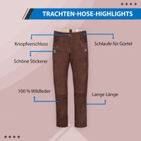 Elegante dunkelbraune traditionelle Damenhose aus 100 % Wildleder. Mit Knopfverschluss, filigraner Stickerei und langem Schnitt. Gürtelschlaufen inklusive, ideal für authentische deutsche Trachtenmode. Jetzt kaufen!