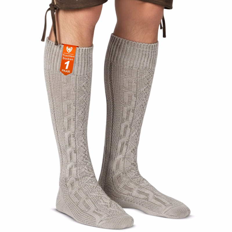 Bavarian Trachten socks for Oktoberfest Front view of authentic Bavarian cable knit socks, short style, made from 80% cotton blend for softness and long-lasting wear. Ideal for pairing with Lederhosen or festive outfits, offering rustic charm and comfort for Oktoberfest celebrations.