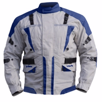 Cordura-Textil-Motorradjacken Die Vorderansicht der Herren-Motorradjacke in Blau zeigt eine Außenschicht aus Cordura-Polyester 600D. Sie ist mit Protektoren ausgestattet und verfügt über Reißverschluss- und Klettverschlüsse. Zusätzlich sind Reflektoren für bessere Sichtbarkeit integrie