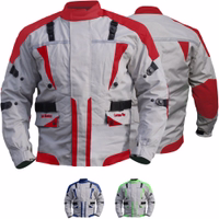 Cordura-Rote Motorradjacke in Vorder- und Rückansicht. Sie ist mit Protektoren für Arme, Schultern, Ellbogen, Rücken und Brust ausgestattet. Zusätzlich werden 2 Fronttaschen mit Druckknöpfen verschlossen. Diese Jacke ist in 2 weiteren Basisfarben erhältlic