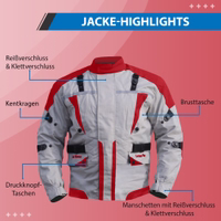 Die Herren-Motorradjacke in Rot zeigt eine Vorderansicht und verfügt über eine strapazierfähige Außenschicht aus Cordura-Polyester 600D, integrierte Protektoren, Reißverschluss- und Klettverschlüsse sowie Reflektoren für bessere Sichtbarkeit.
