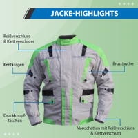 Die Herren-Motorradjacke in Grün, dargestellt in Vorderansicht, besteht aus einer robusten Außenschicht aus Cordura-Polyester 600D. Sie ist mit integrierten Protektoren, Reißverschluss- und Klettverschlüssen ausgestattet und verfügt über Reflektoren für be