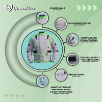 Die Herren-Motorradjacke in Grün verfügt über eine robuste Außenschicht aus Cordura-Polyester 600D. Sie ist mit Protektoren, Reißverschluss- und Klettverschlüssen ausgestattet und besitzt Reflektoren zur verbesserten Sichtbarkeit und Sicherheit.