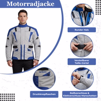 Cordura Textile Motorcycle jackets Front view of men’s blue motorcycle jacket made from durable Cordura polyester 600D. Features protectors, zipper & Velcro closures, plus reflectors for improved visibility and safety.