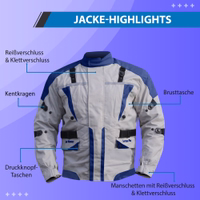 Cordura-Textil-Motorradjacken Vorderansicht der blauen Herren-Motorradjacke aus strapazierfähigem Cordura-Polyester 600D. Ausgestattet mit Protektoren, Reißverschluss- und Klettverschlüssen sowie Reflektoren für erhöhte Sichtbarkeit und Sicherheit.