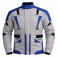Cordura Textile Motorcycle jackets Cordura blue motorcycle jacket in both front& rear views. It comes equipped with protectors for the arms, shoulders, elbows, back, and chest. Additionally, 2front pockets are closed by push buttons. This jacket is offered in 2 additional underlying colors