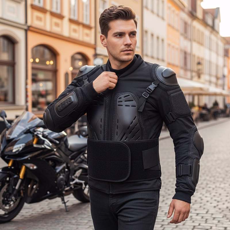 Vorder- und Rückansicht einer schwarzen Motorrad-Protektorenjacke mit sichtbarem German Wear Markenlabel im Kragen.