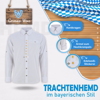 Men's Traditional White Trachten Shirt with Long Roll Up Sleeves Flower Embroidery Classic Collar and Buttons Breathable Cotton German Wear with Breast Pocket Perfect for Lederhosen and Cultural Occasions