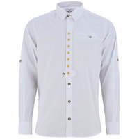 Front View of White German Trachten Shirt Traditional Costume Long Sleeve Edelweiss Collar Shirt for Lederhosen Stylish and Timeless 100 Percent Cotton Breathable Leisure Shirt Classic German Wear