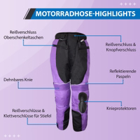 The front view of classic Ladies Motorcycle Pants Combi suit. Crafted with Cordura Polyester 600D fabric for durability and featuring convenient thigh pockets. German Wear™ excellence for fearless riders.