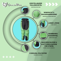 Ladies Motorcycle Trousers. Enjoy unbeatable protection with removable lining &integrated knee/thigh protectors. Adjustable waist belt, zipper,& Velcro closure for boots, windproof  water-repellent, long length, stretchable back, Cordura polyester