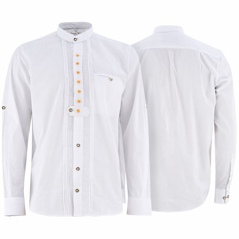 Men white Cotton shirt Front and back views of a classic white trachten shirt. This long-sleeve shirt features intricate embroidery and is made from 100% cotton for comfort. It includes a front button closure and buttons for rolling up the sleeves.