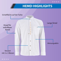Men's Traditional Bavarian Style White Stand Up Collar Shirt with Roll Up Sleeves Flower Embroidery Sewn In Breast Pocket Front Button Closure and Cuffs Classic German Wear Cotton Shirt Shop Now