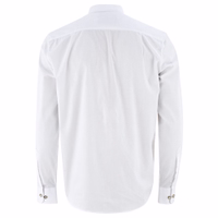 Back view of a traditional Bavarian white shirt featuring a stand-up collar, roll-up sleeves, and button cuffs. Made from 100% cotton with a front button closure.