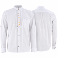 Front and back views of a classic white trachten shirt. This long-sleeve shirt features intricate embroidery and is made from 100% cotton for comfort. It includes a front button closure and buttons for rolling up the sleeves.