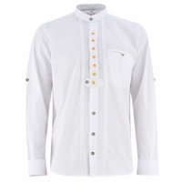 Front and back views of a classic white trachten shirt. This long-sleeve shirt features intricate embroidery and is made from 100% cotton for comfort. It includes a front button closure and buttons for rolling up the sleeves.