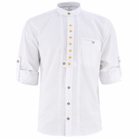 Front view of a classic Bavarian trachten shirt featuring intricate Edelweiss flower embroidery. The white, long-sleeve shirt is crafted from breathable fabric and includes roll-up sleeves with button cuffs for adjustable comfort.