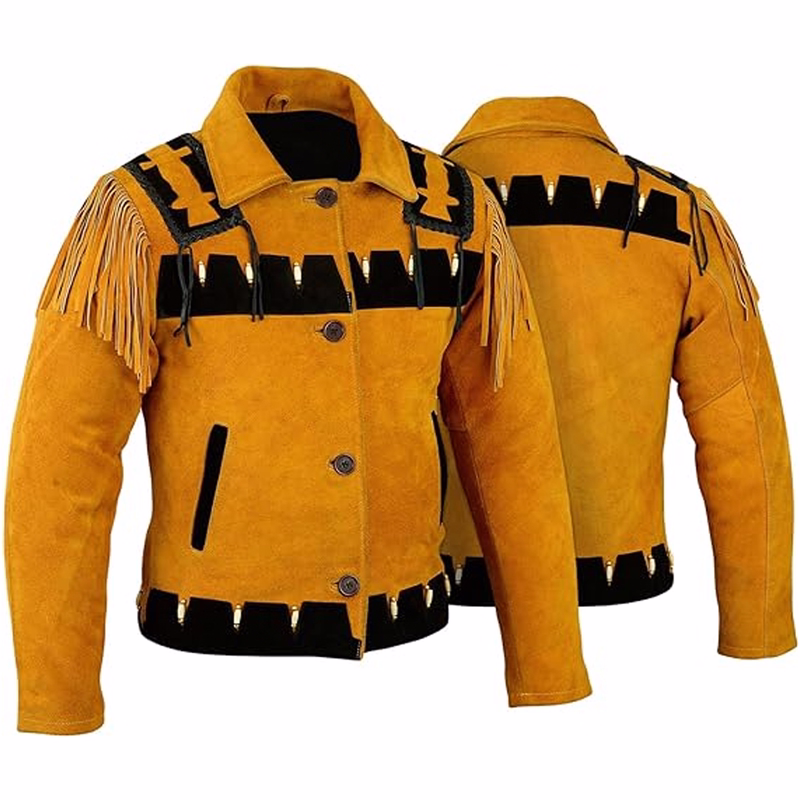 Men's Cowhide Western Leather Jacket Ochre Front and back views of an Ochre/Black Western Rider Leather Jacket, featuring an Indian-inspired design. The jacket showcases fringed shoulders, long sleeves, and decorative elements including plastic rods and white beads.